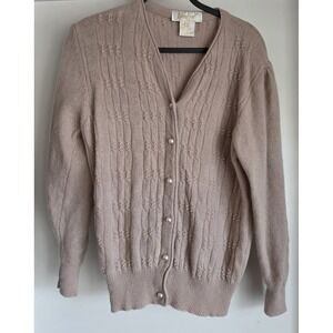 VTG Imago Cardigan Womens L Taupe Wool Rabbit Hair Ribbed Pearl Embellished Knit